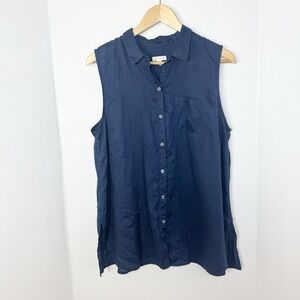 J Jill Love Linen Sleeveless Button Front Tunic Top  Womens LP Navy Blue Coastal